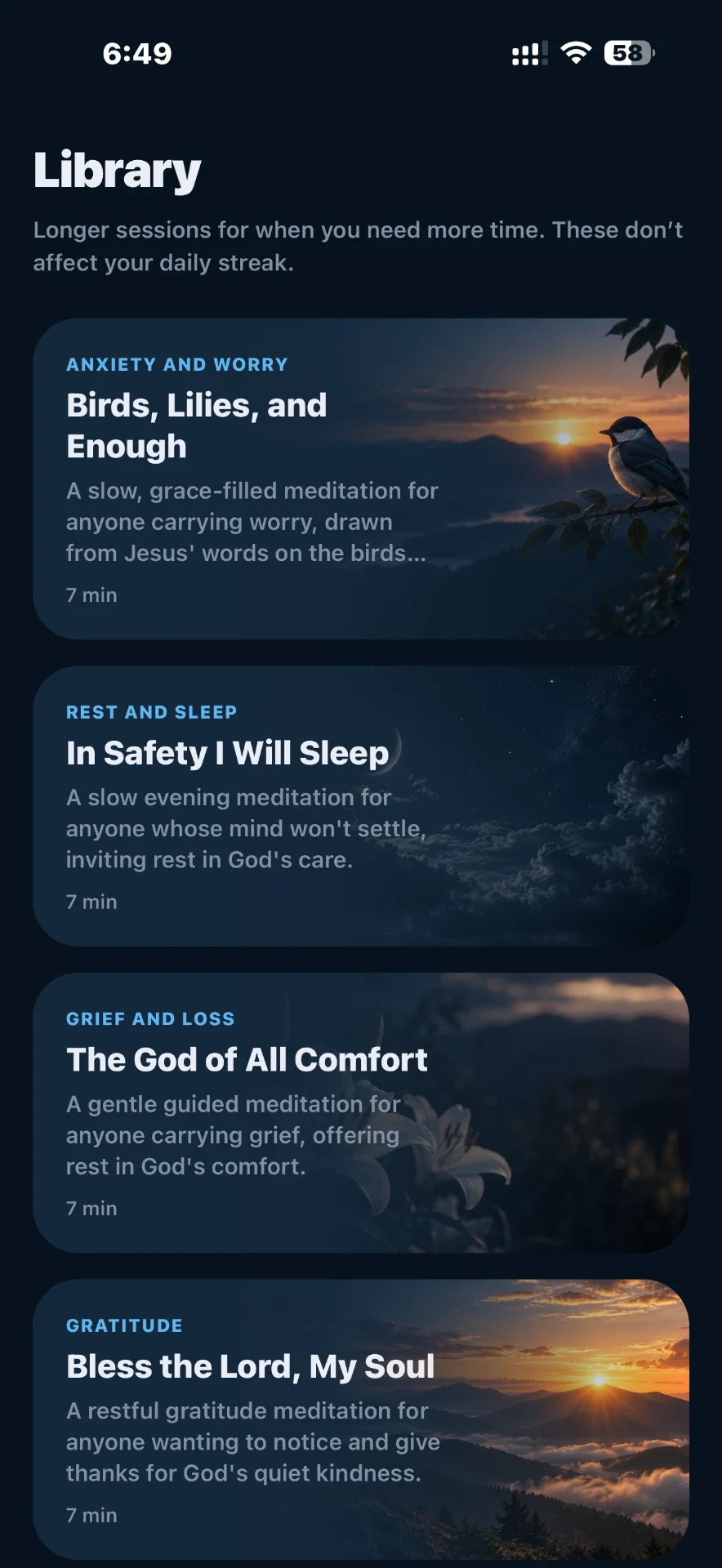 Ascend Library showing longer Christian meditation sessions for anxiety, sleep, grief, and gratitude