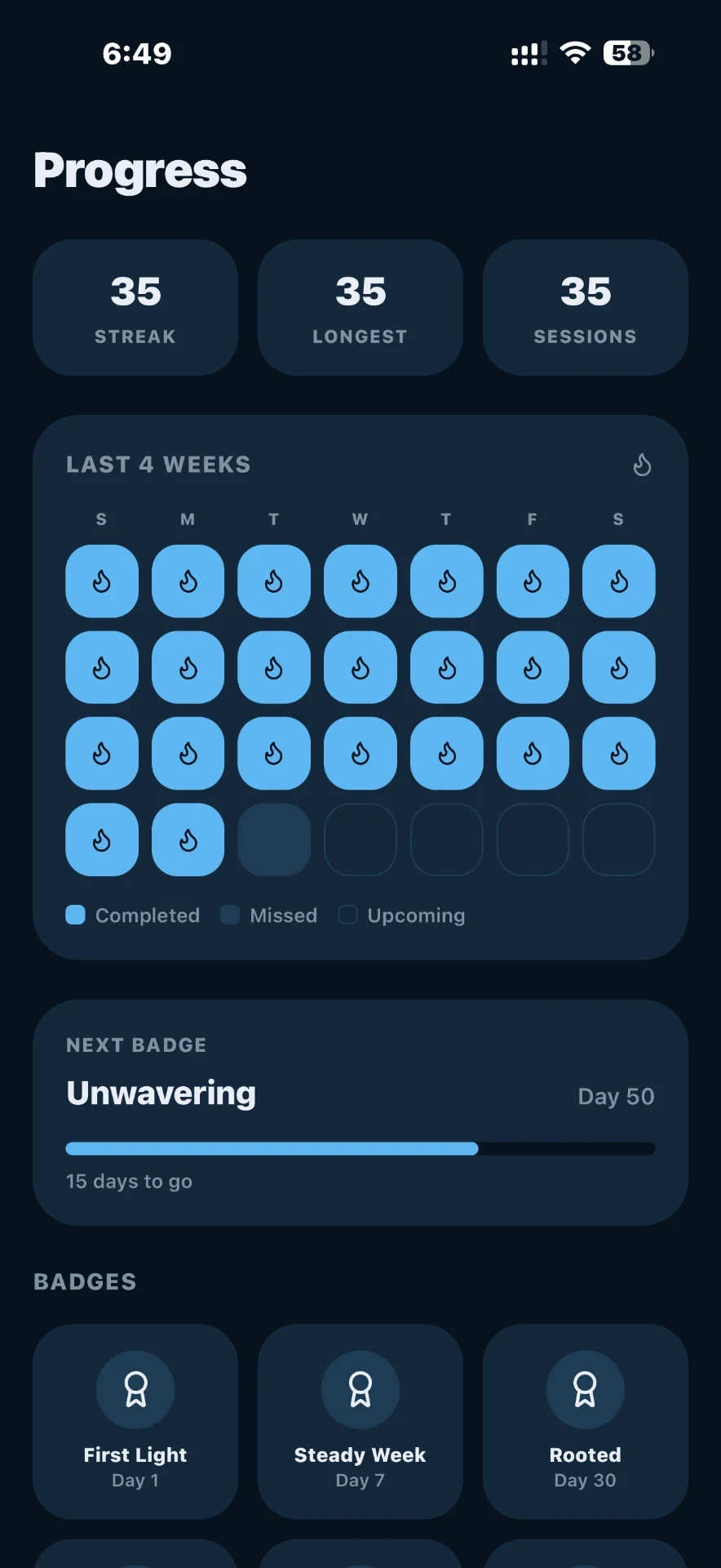 Ascend Progress screen showing a 35-day streak, completed calendar, and earned badges