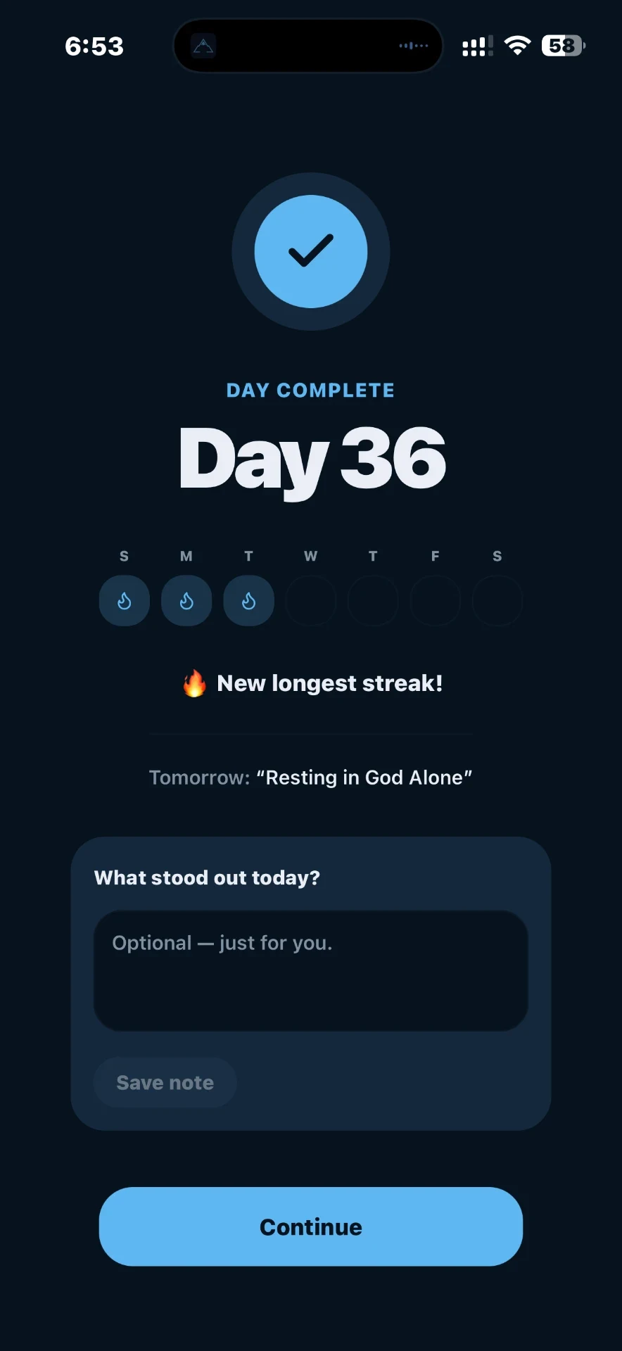 Ascend Day Complete screen celebrating day 36 and previewing tomorrow's meditation