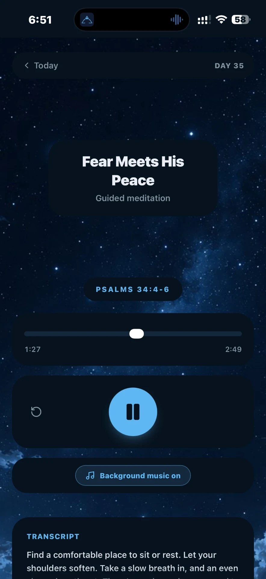Ascend meditation player midway through Fear Meets His Peace with narration controls and background music enabled